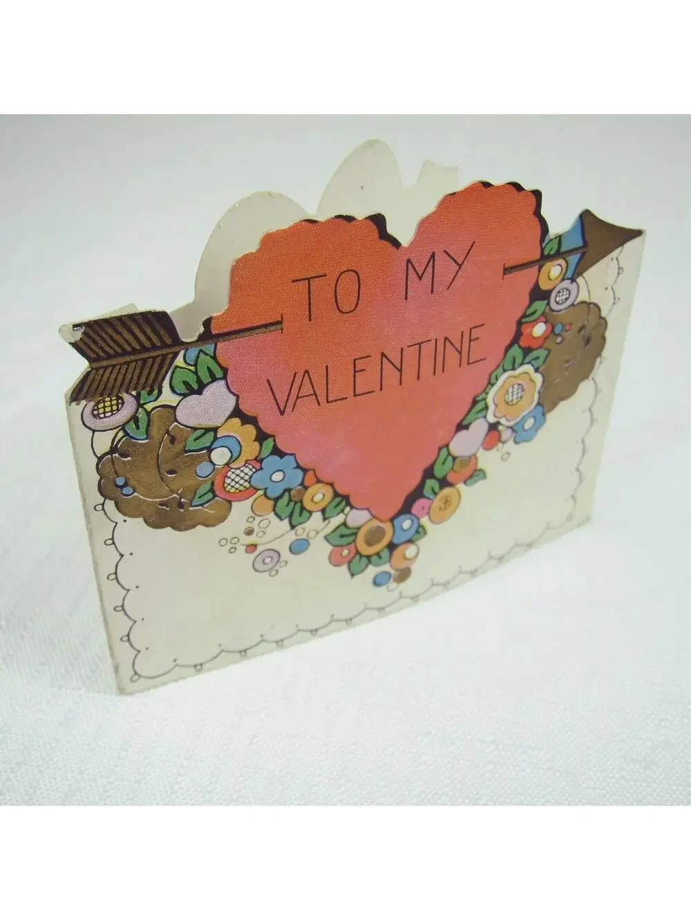 Vintage Valentine Die cut Fold Card Red Heart w/ Gold Arrow & Floral 1920s-30s
